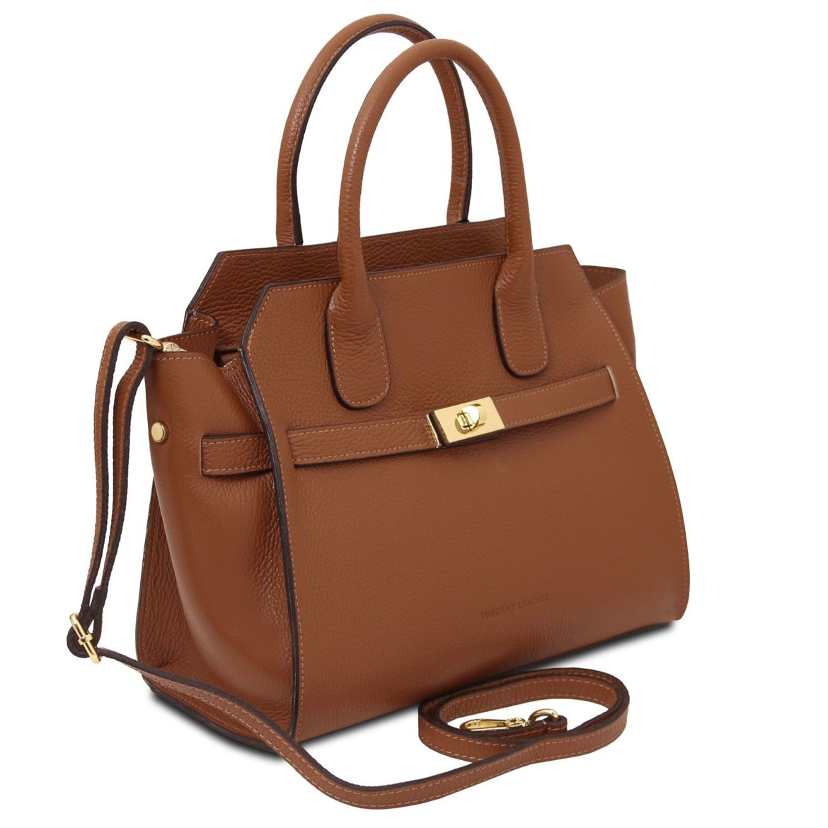 Brown handbag with a gold clasp on a white background
