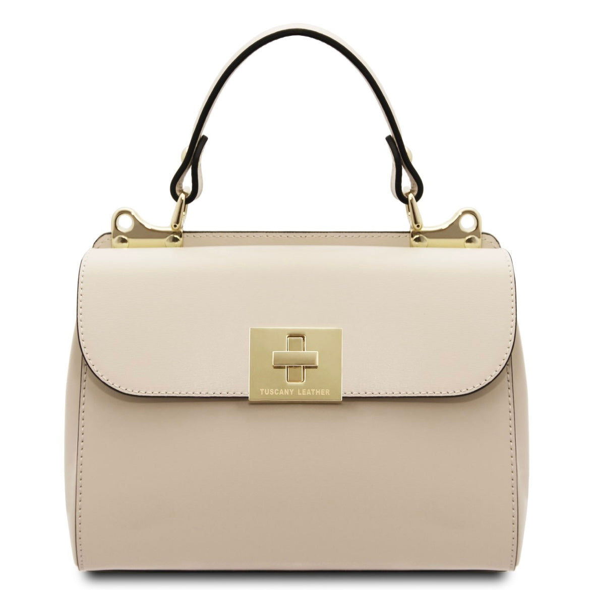 Beige handbag with gold accents on a white background